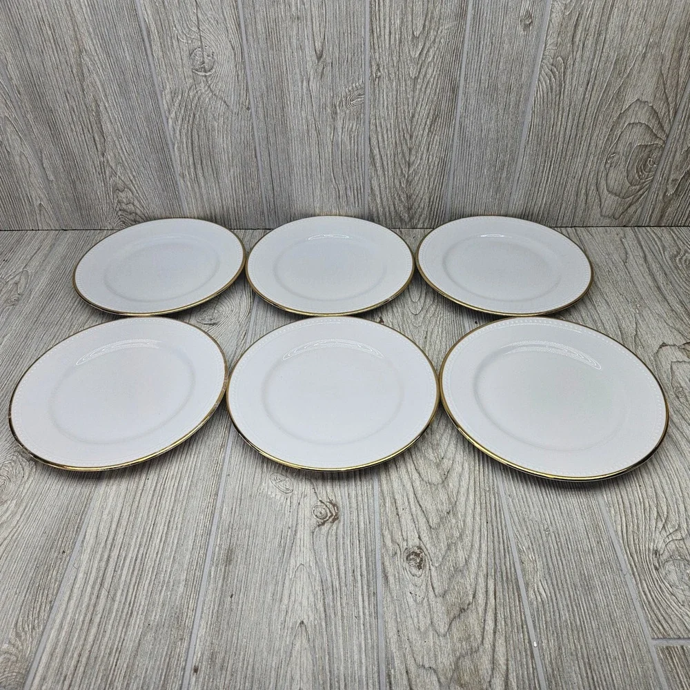 Pier 1 Gold Line Salad Plates Set of 6 White Ceramic Beaded Rim Gold Edge 7.75in